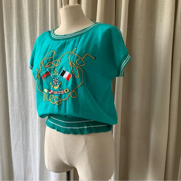 VINTAGE NO NAME BOATING TEAL EMBROIDERED TOP - Picture 2 of 6